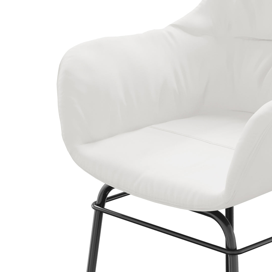 Rhea Suede Fabric Dining Chair Set of 2 in Cream White features a white padded bucket-style seat with low arms on a sleek black metal frame and legs.