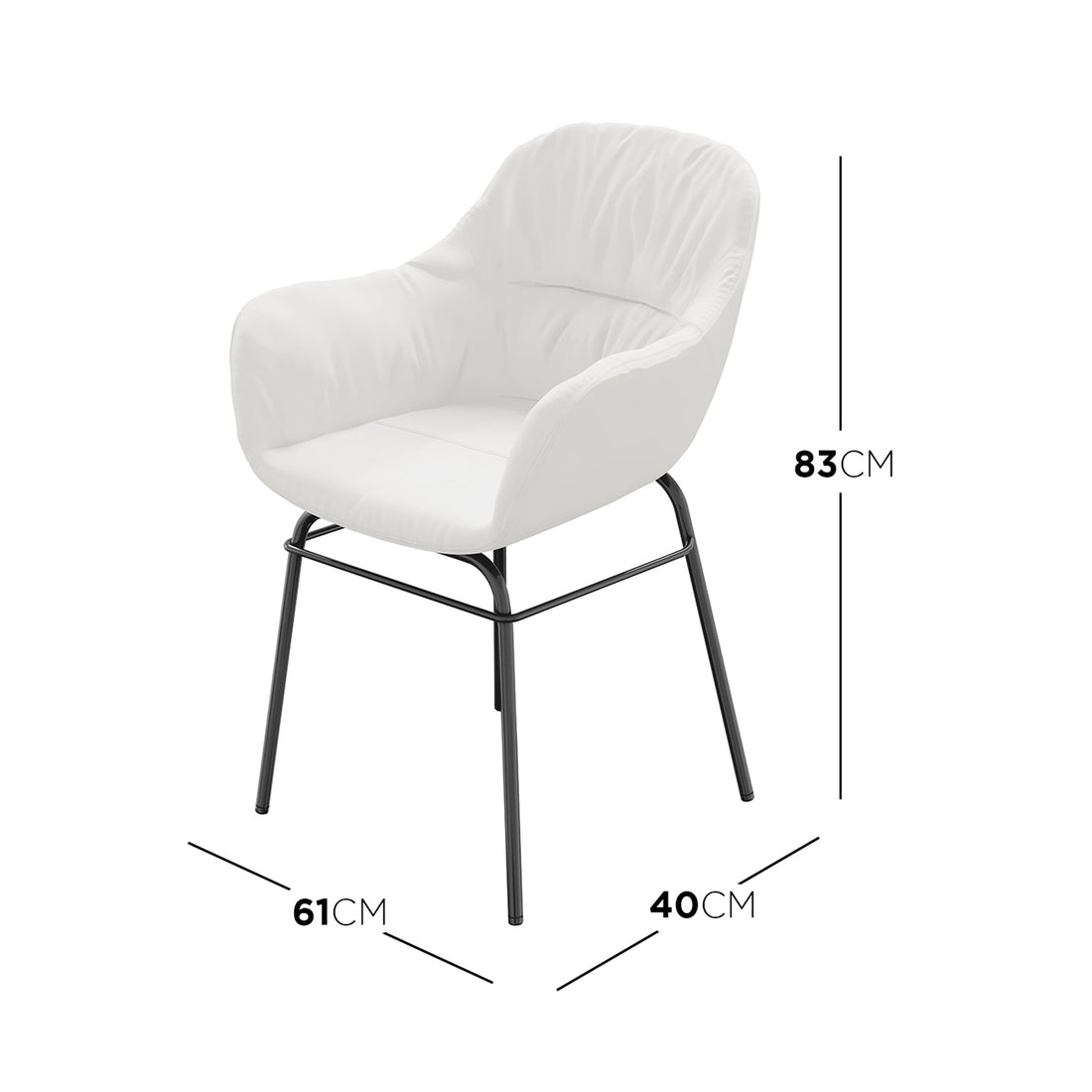 Rhea Suede Fabric Dining Chair Set of 2 in Cream White, featuring plush, upholstered seats with slender black metal legs. Dimensions visible: 83 cm tall, 61 cm deep, 40 cm wide.