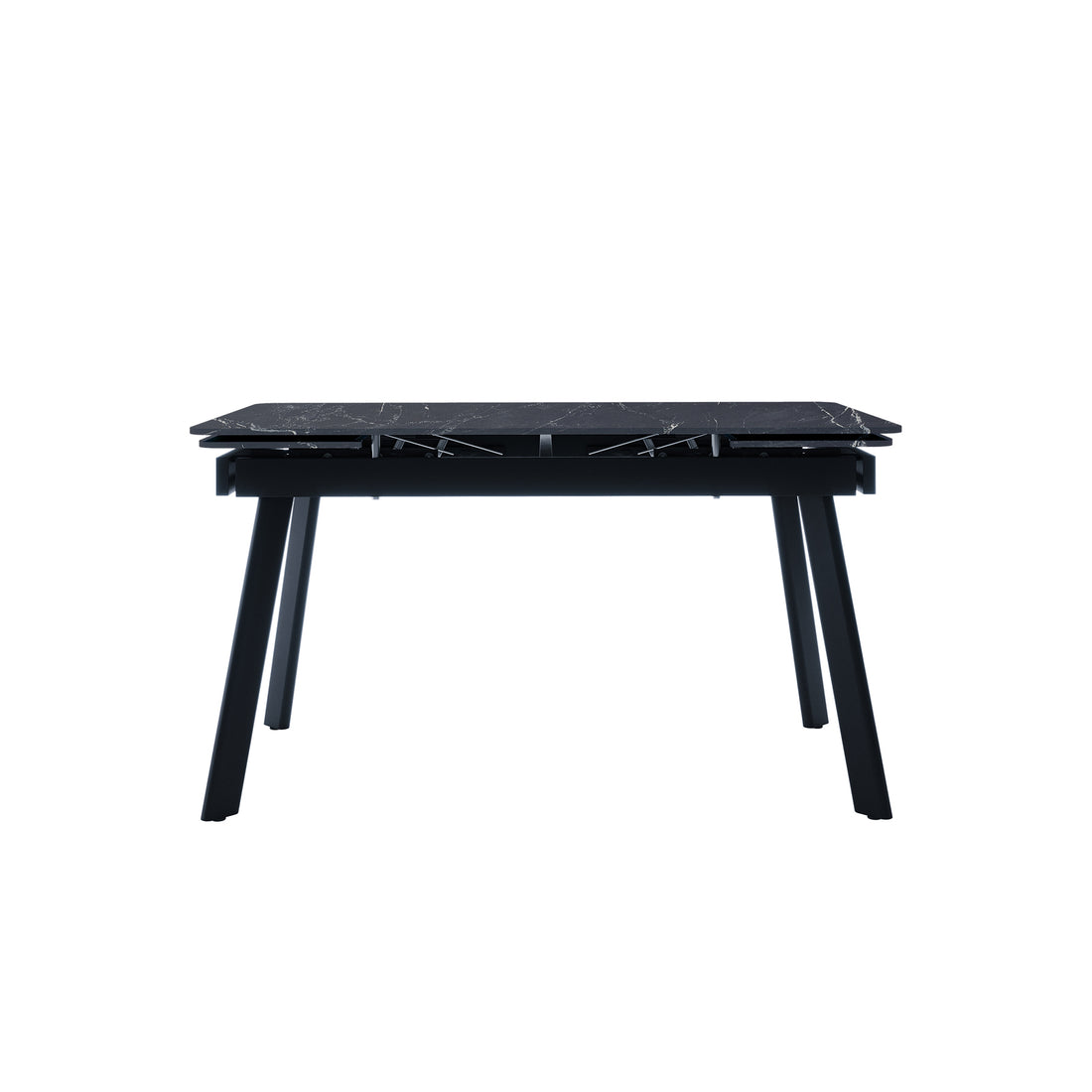 Rheed 197cm Extendable Ceramic Dining Table in Black, featuring a dark marble-patterned top and four splayed metal legs, showcasing its modern design and extendable functionality for versatile dining spaces.