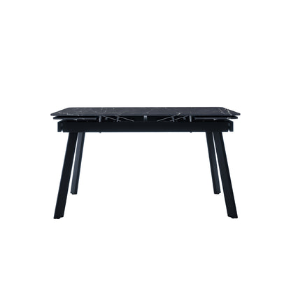 Rheed 197cm Extendable Ceramic Dining Table in Black, featuring a dark marble-patterned top and four splayed metal legs, showcasing its modern design and extendable functionality for versatile dining spaces.