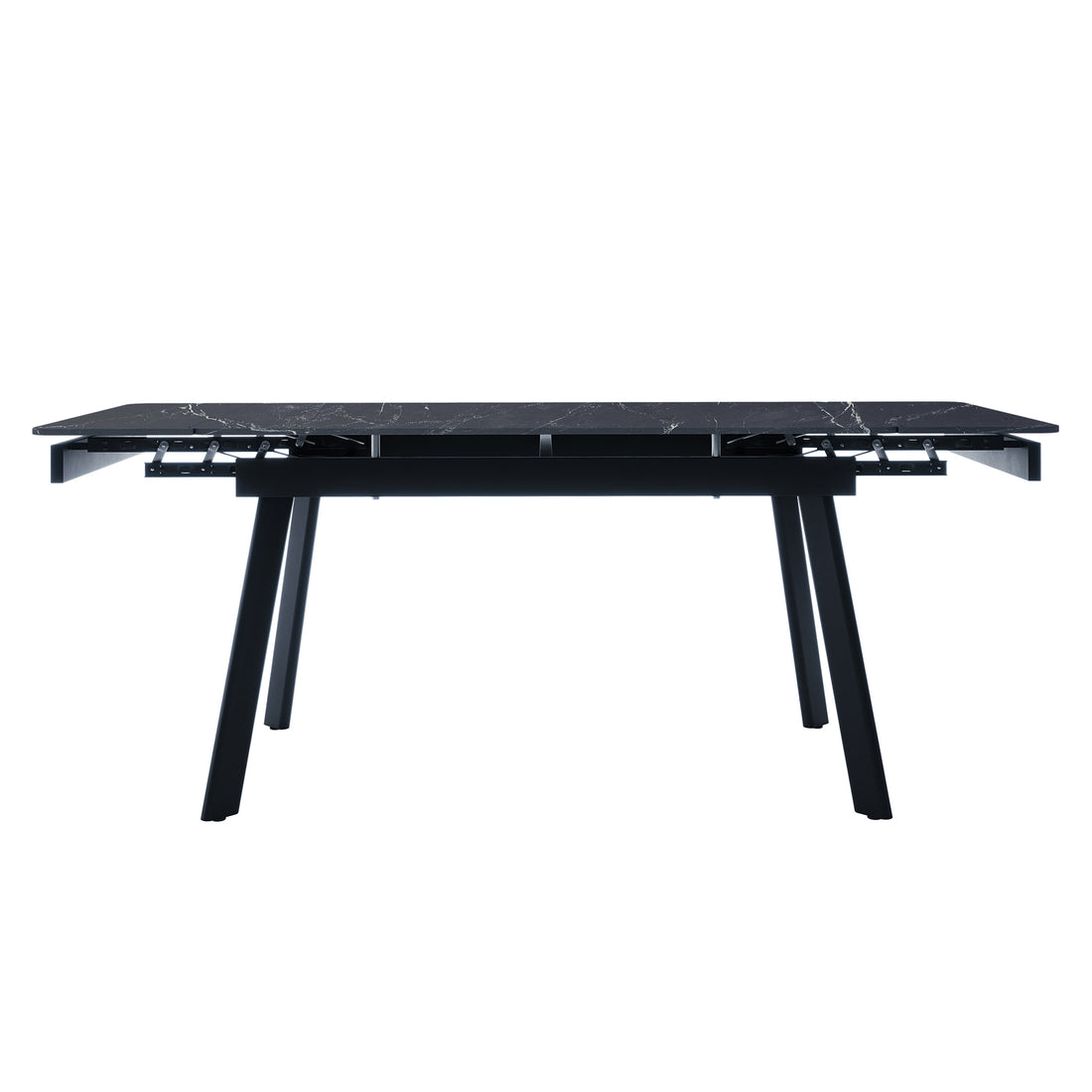 Rheed 197cm Extendable Ceramic Dining Table in Black features a dark marble-effect top on a black metal frame with splayed legs, highlighting its sleek, modern design and adjustable length functionality.