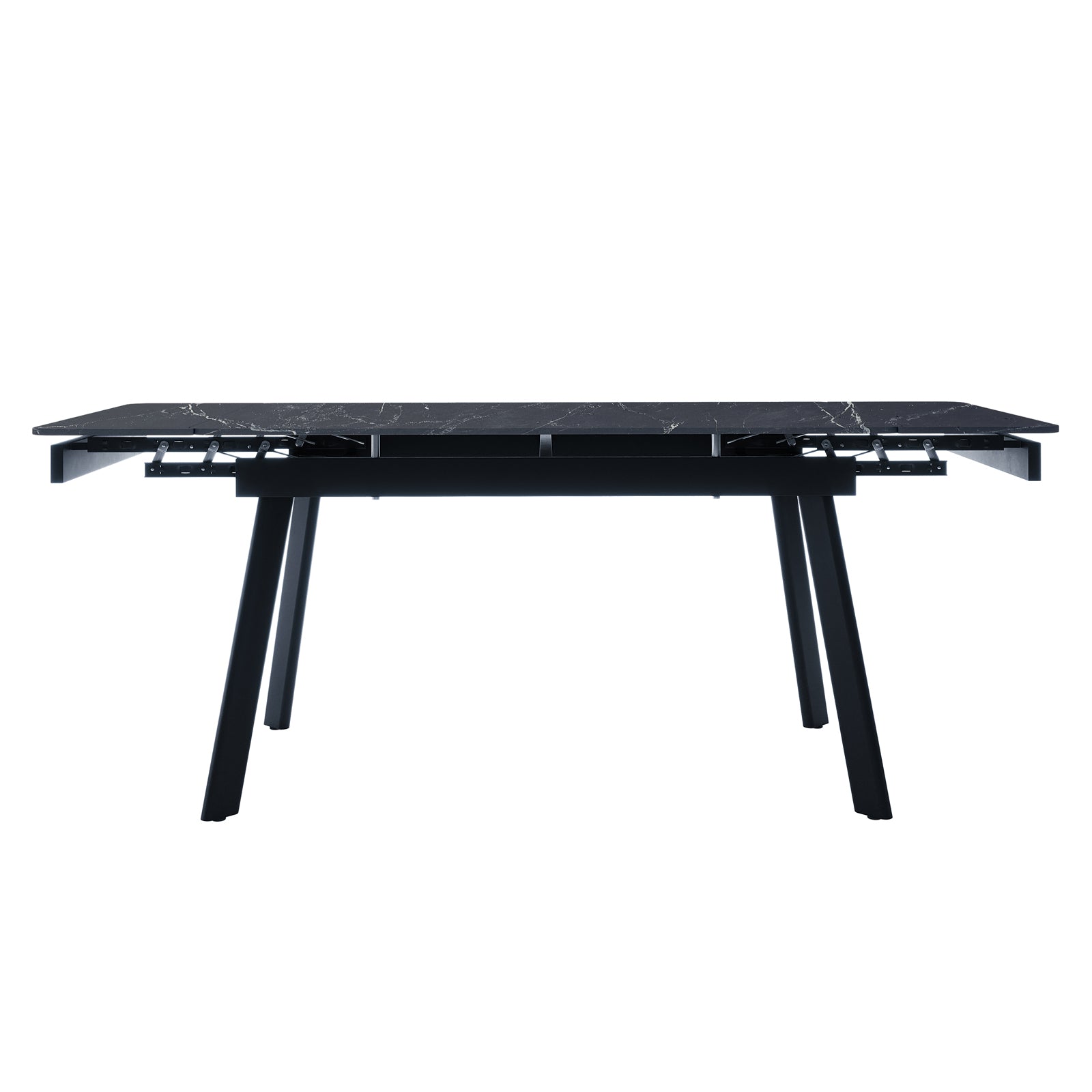 Rheed 197cm Extendable Ceramic Dining Table in Black features a dark marble-effect top on a black metal frame with splayed legs, highlighting its sleek, modern design and adjustable length functionality.