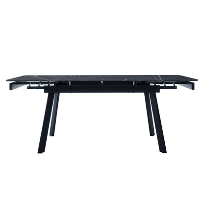 Rheed 197cm Extendable Ceramic Dining Table in Black features a dark marble-effect top on a black metal frame with splayed legs, highlighting its sleek, modern design and adjustable length functionality.