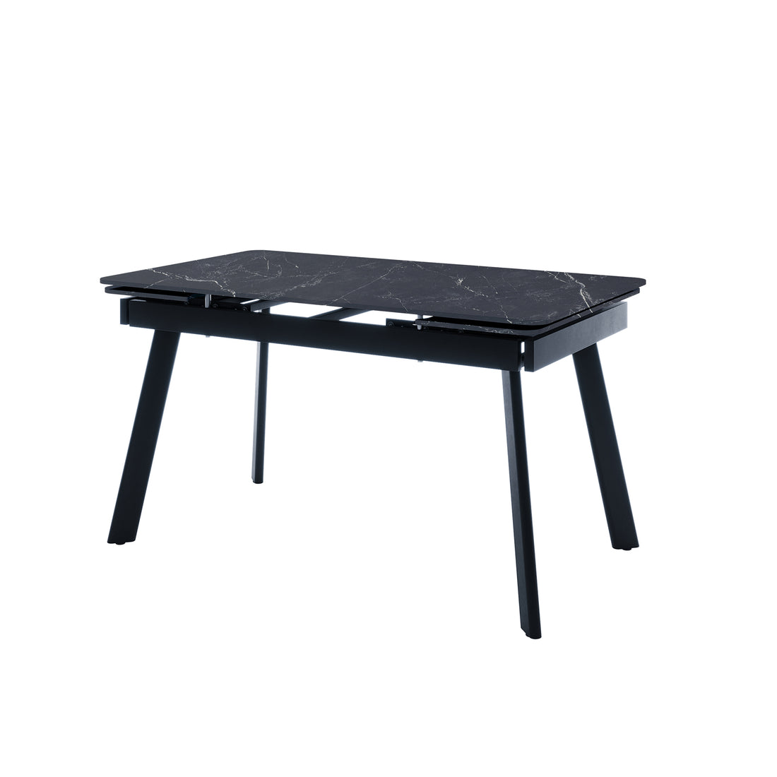 Rheed 197cm Extendable Ceramic Dining Table in Black, featuring a dark marble-patterned top with white veining and four splayed metal legs, showcasing its modern, sleek, and extendable design.