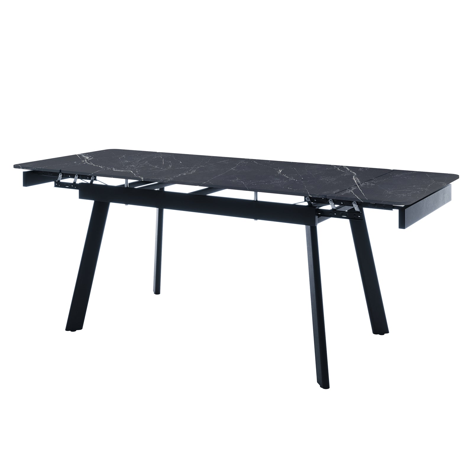 Rheed 197cm Extendable Ceramic Dining Table in Black features a black marble-effect tabletop with white veining and black metal legs, showcasing an extendable design with sliding panels for added space.