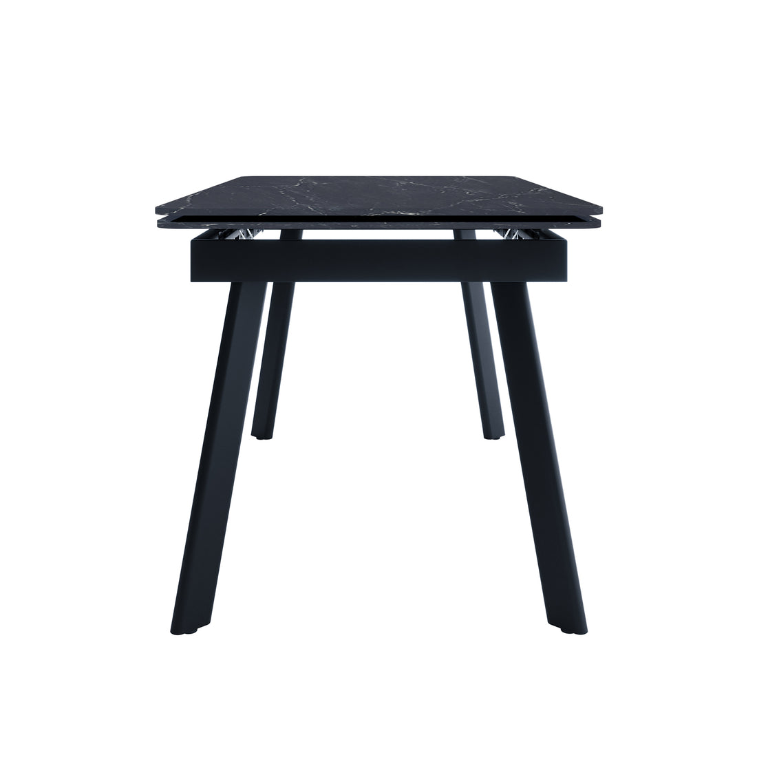 Rheed 197cm Extendable Ceramic Dining Table in Black, featuring a rectangular marble-effect top, angled square-section legs, and visible extendable hardware for adjustable size, combining modern style with practical functionality.