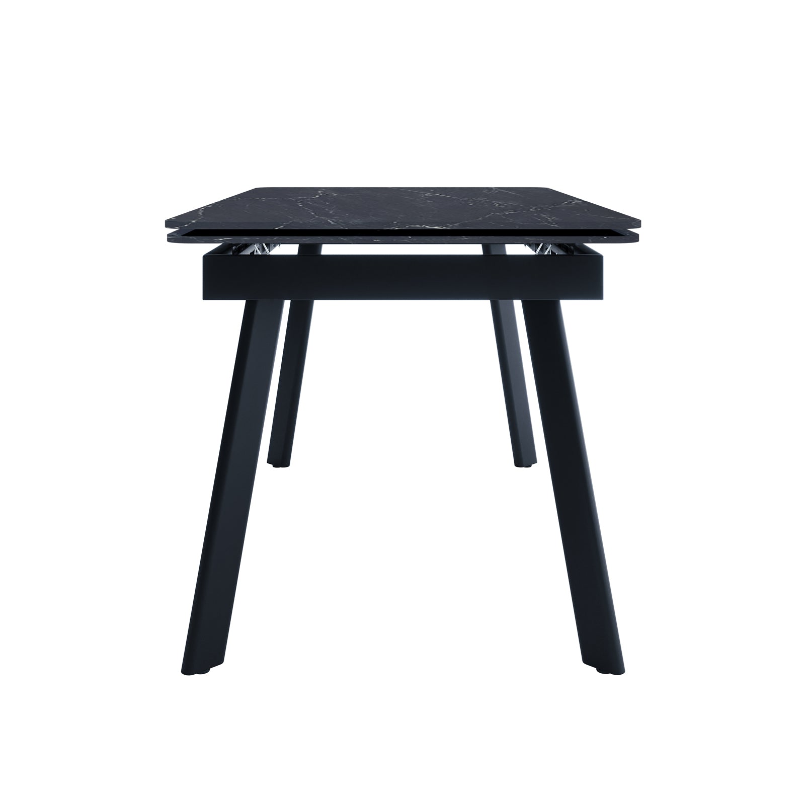 Rheed 197cm Extendable Ceramic Dining Table in Black, featuring a rectangular marble-effect top, angled square-section legs, and visible extendable hardware for adjustable size, combining modern style with practical functionality.