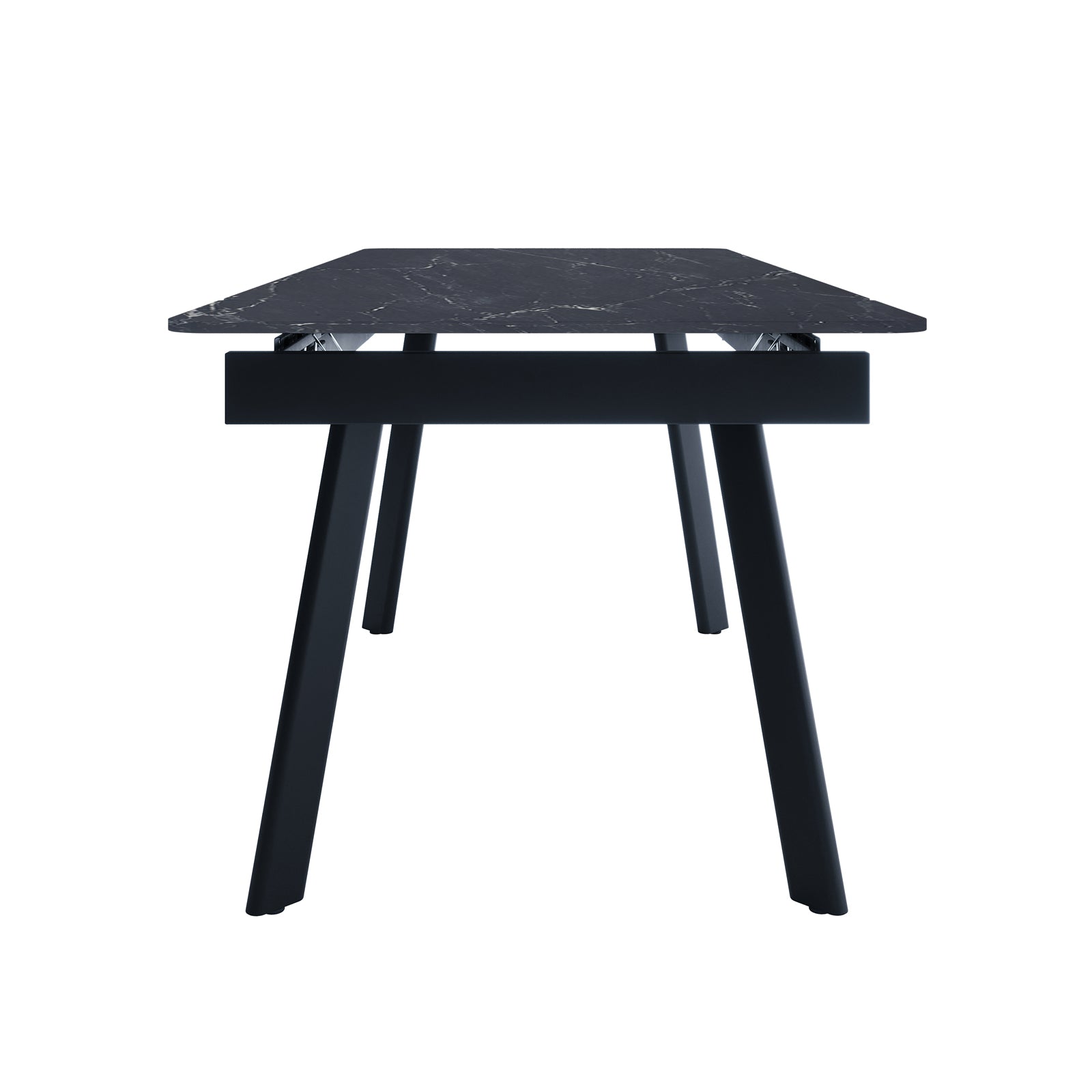 Rheed 197cm Extendable Ceramic Dining Table in Black with a dark-charcoal marble-effect tabletop featuring subtle white veining, supported by four slightly splayed black legs, showcased on a white background.