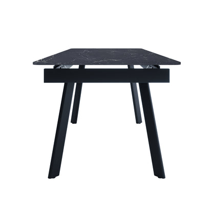 Rheed 197cm Extendable Ceramic Dining Table in Black with a dark-charcoal marble-effect tabletop featuring subtle white veining, supported by four slightly splayed black legs, showcased on a white background.