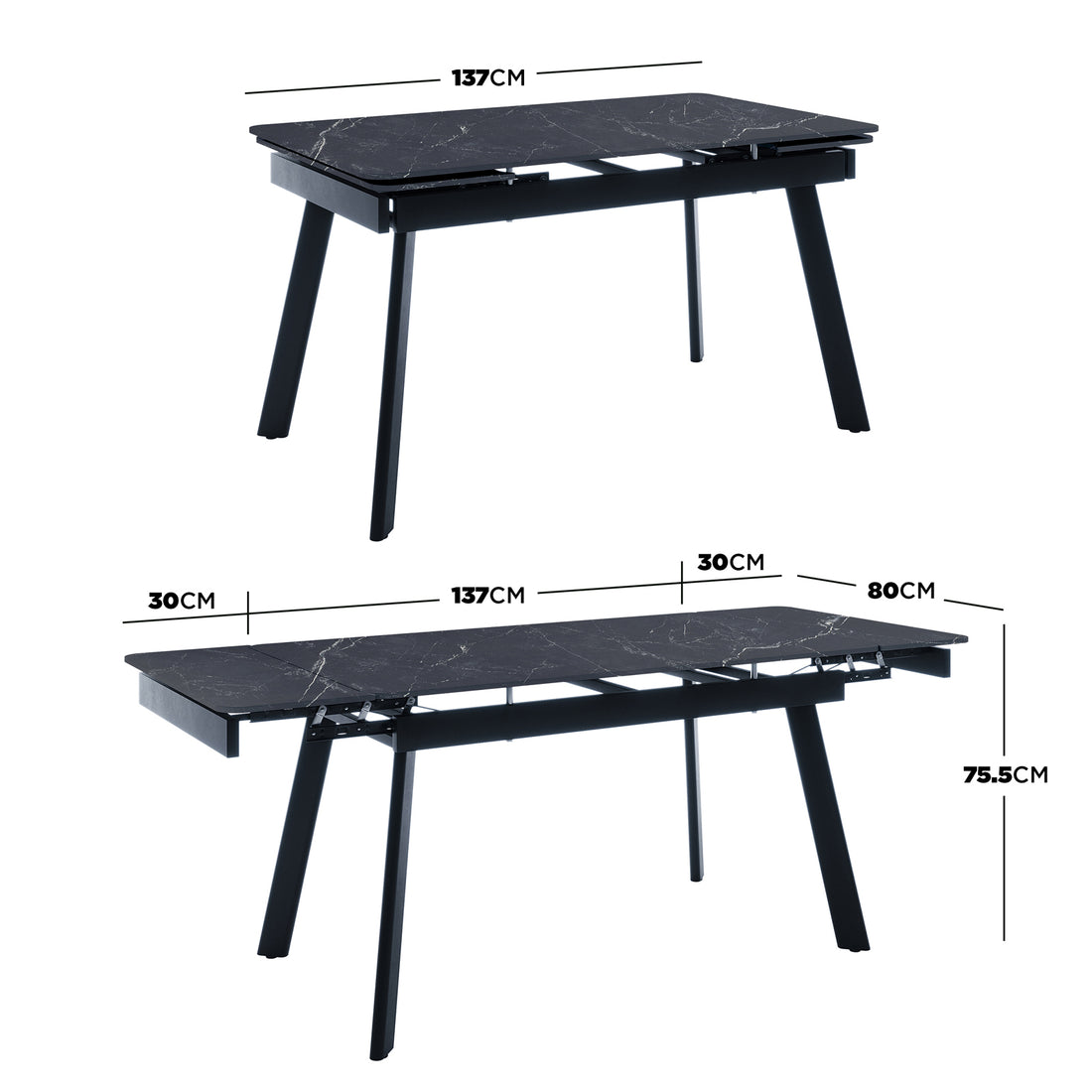 Rheed 197cm Extendable Ceramic Dining Table in Black, shown with a dark marble-effect top and tapered black legs, configured in compact and extended modes for versatile dining or work settings.