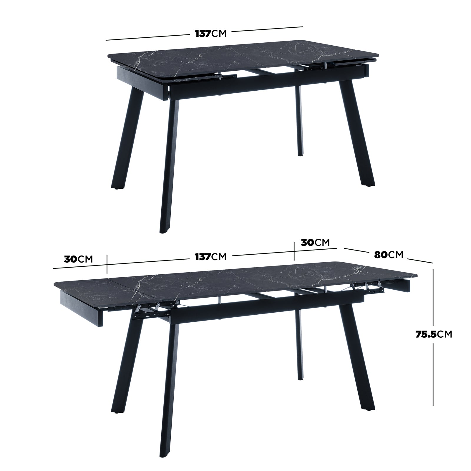 Rheed 197cm Extendable Ceramic Dining Table in Black, shown with a dark marble-effect top and tapered black legs, configured in compact and extended modes for versatile dining or work settings.