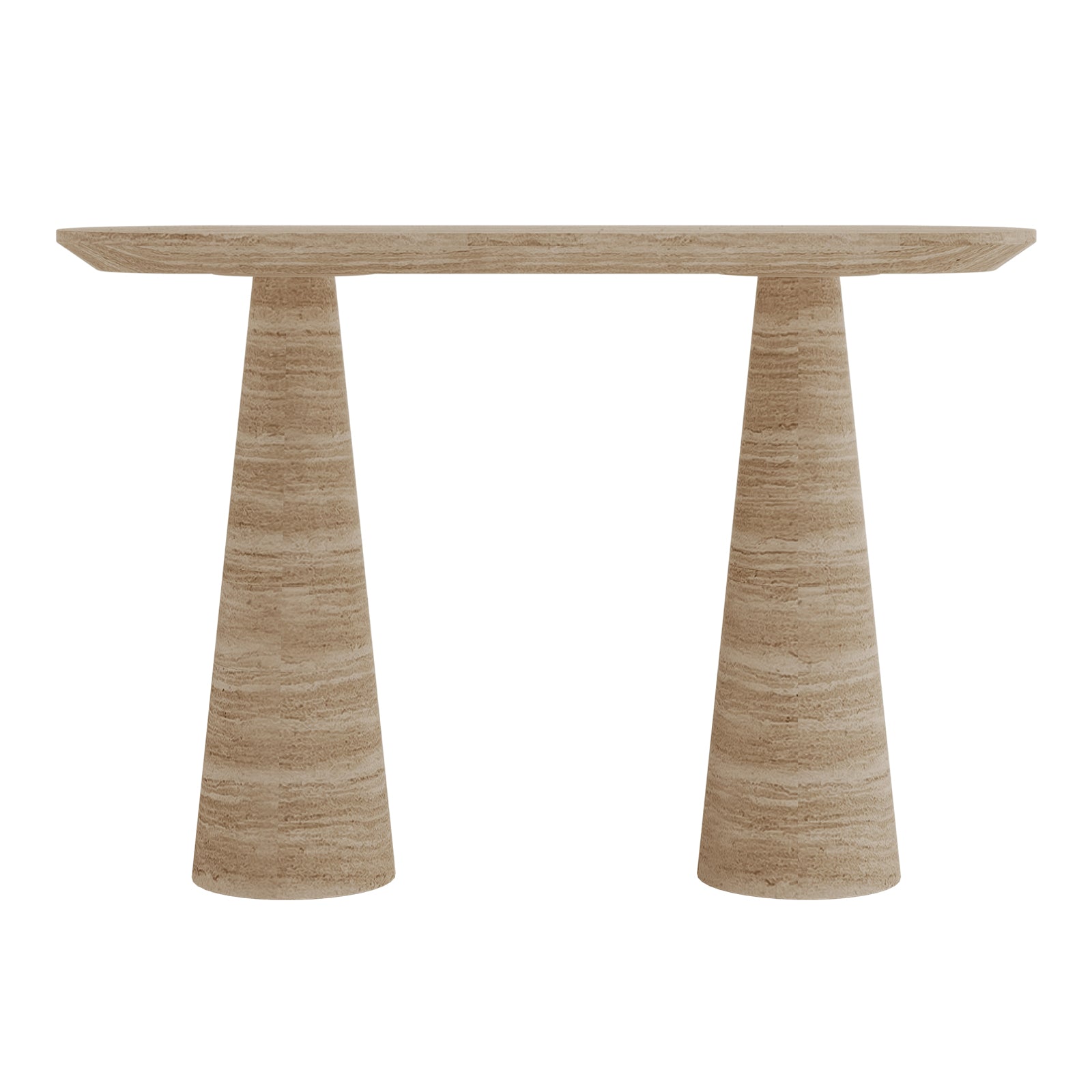 Rockwell Textured Concrete Console Table in Beige features a smooth oval top with unique cone-shaped bases, showcasing a modern artistic design that combines style with functionality.