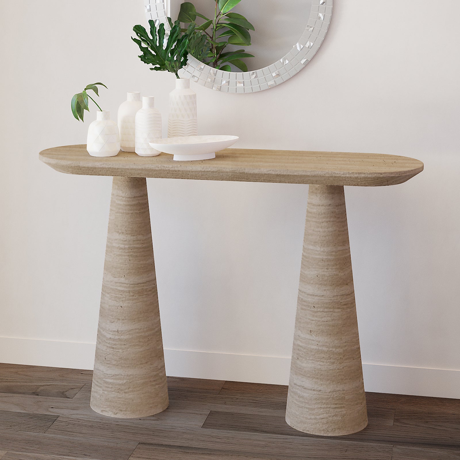 Rockwell Textured Concrete Console Table in Beige featuring an oval top with unique cone-shaped bases, showcasing a sculptural design perfect for modern interiors.