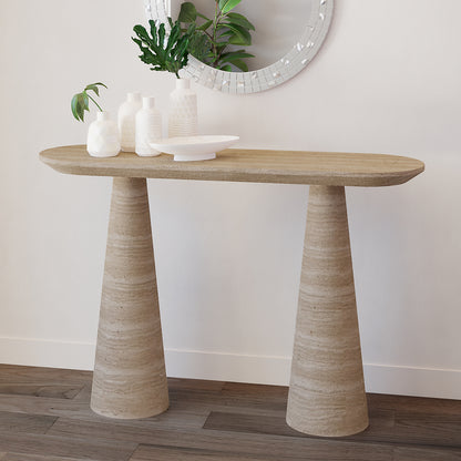 Rockwell Textured Concrete Console Table in Beige featuring an oval top with unique cone-shaped bases, showcasing a sculptural design perfect for modern interiors.