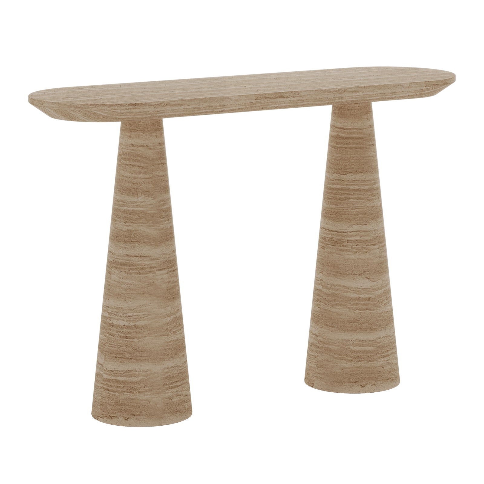 Rockwell Textured Concrete Console Table in Beige, featuring a smooth oval top supported by two distinctive cone-shaped bases, exudes modern elegance and artistic flair for home interiors.