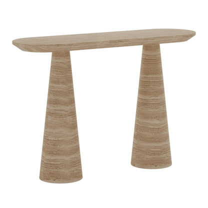 Rockwell Textured Concrete Console Table in Beige, featuring a smooth oval top supported by two distinctive cone-shaped bases, exudes modern elegance and artistic flair for home interiors.