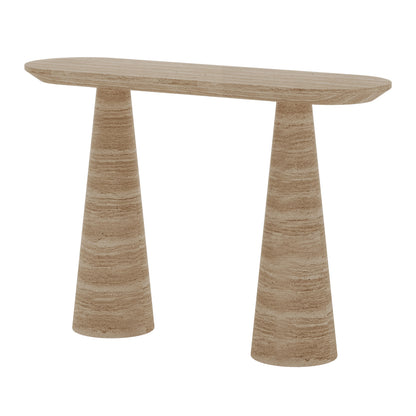Rockwell Textured Concrete Console Table in Beige showcasing a smooth oval top and unique cone-shaped bases, highlighting its modern, artistic design and textured finish.