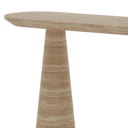 Rockwell Textured Concrete Console Table in Beige with an oval top and unique cone-shaped bases, showcasing a smooth, textured finish, exemplifying modern design and functionality.