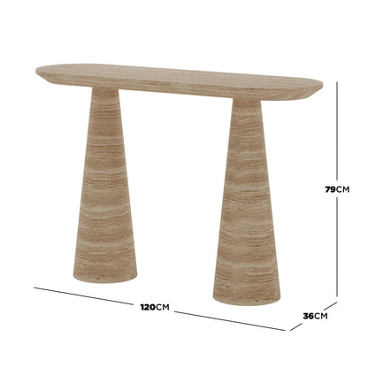 Rockwell Textured Concrete Console Table in Beige with an oval top and two cone-shaped bases, highlighting its sculptural design and textured finish, ideal for modern interiors.