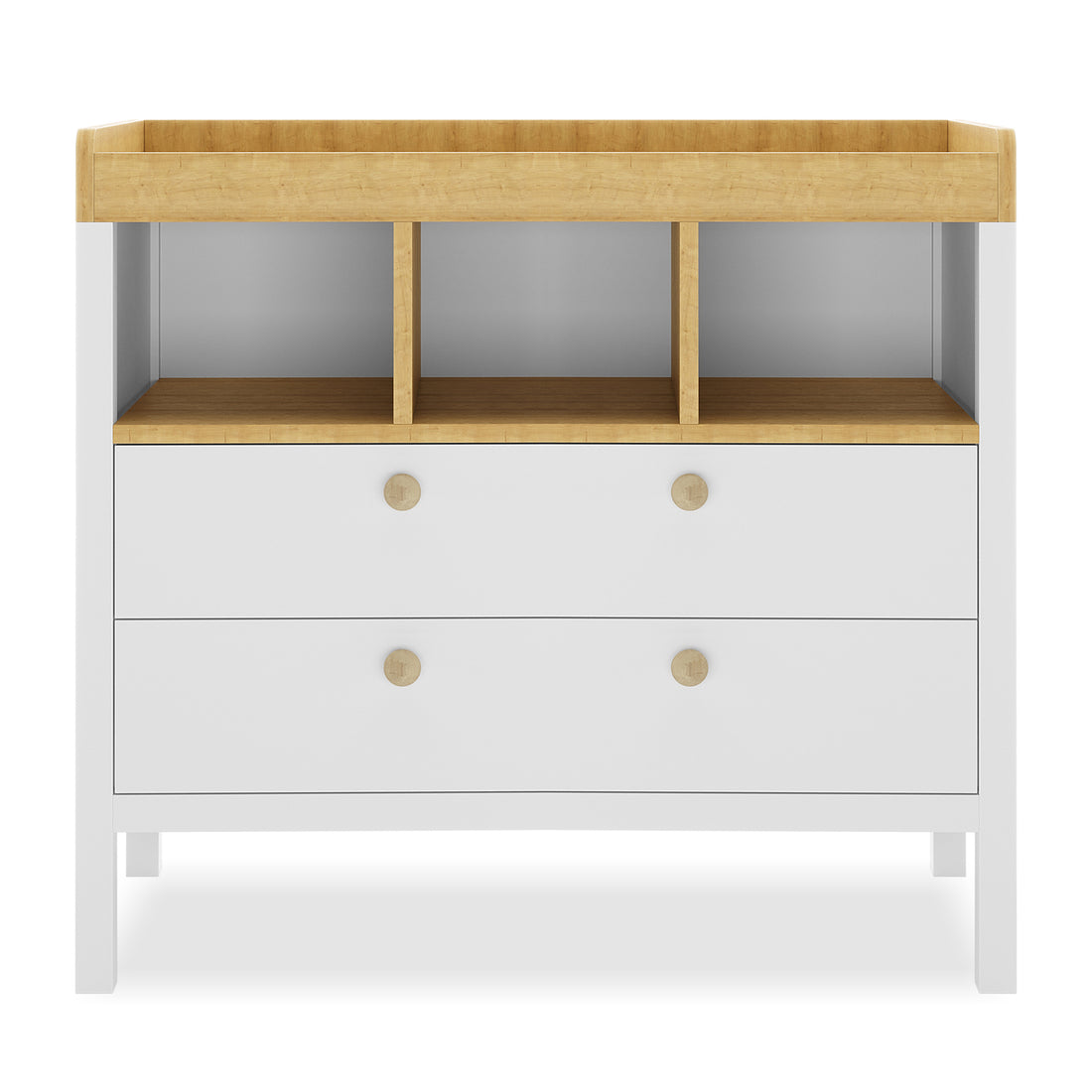 Rosella Solid Pine Baby Change Table in White features a low, two-drawer design with natural wood accents, three open cubbies, and a raised top for changing, blending style and practicality.