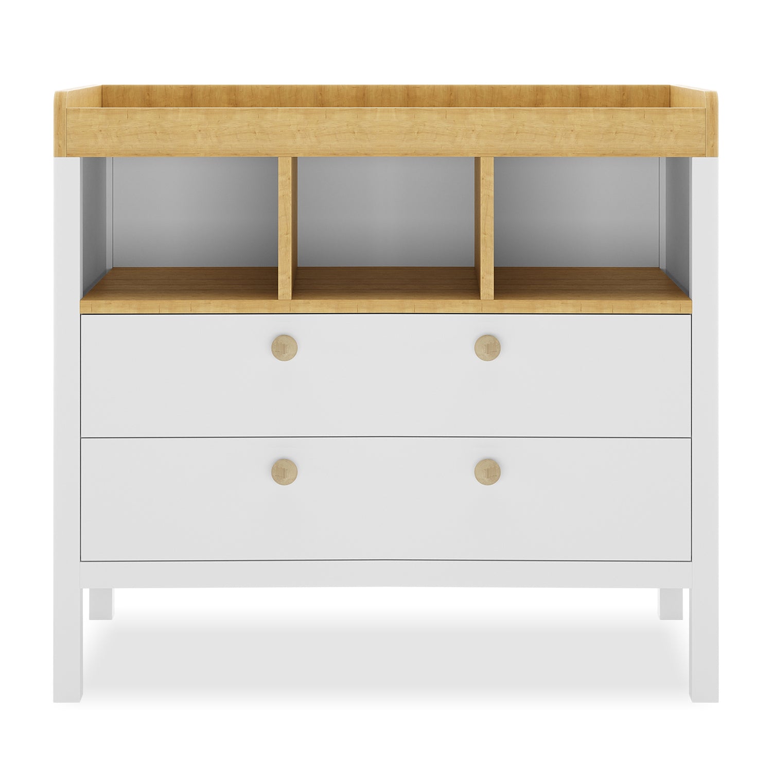 Rosella Solid Pine Baby Change Table in White features a low, two-drawer design with natural wood accents, three open cubbies, and a raised top for changing, blending style and practicality.