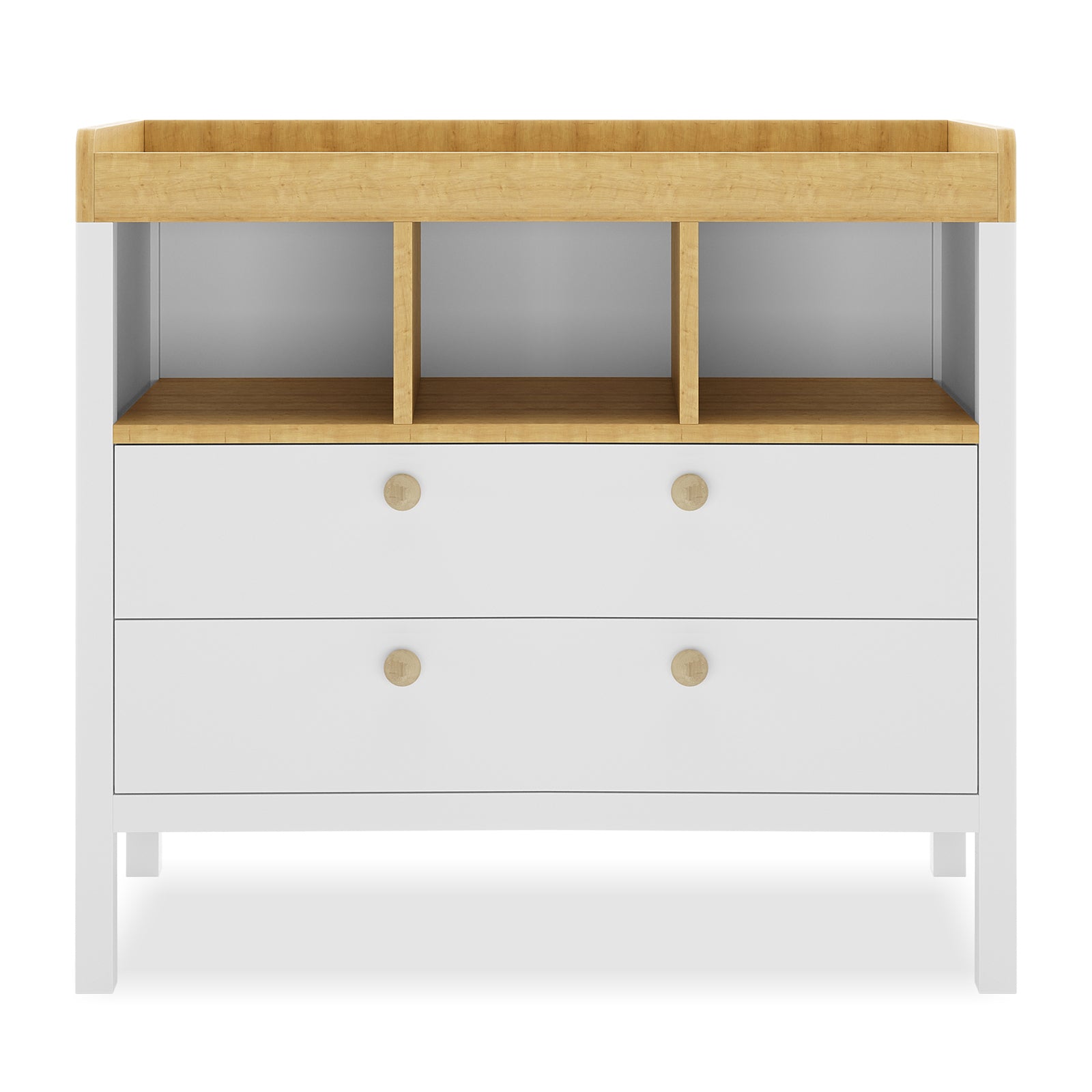Rosella Solid Pine Baby Change Table in White features a low, two-drawer design with natural wood accents, three open cubbies, and a raised top for changing, blending style and practicality.