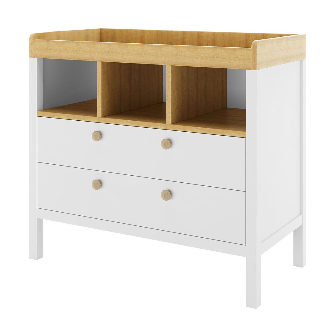 Rosella Solid Pine Baby Change Table with Drawers in White, featuring a natural-wood top with guard rails, two drawers, and three open cubbies, designed for practicality and modern style in a nursery.