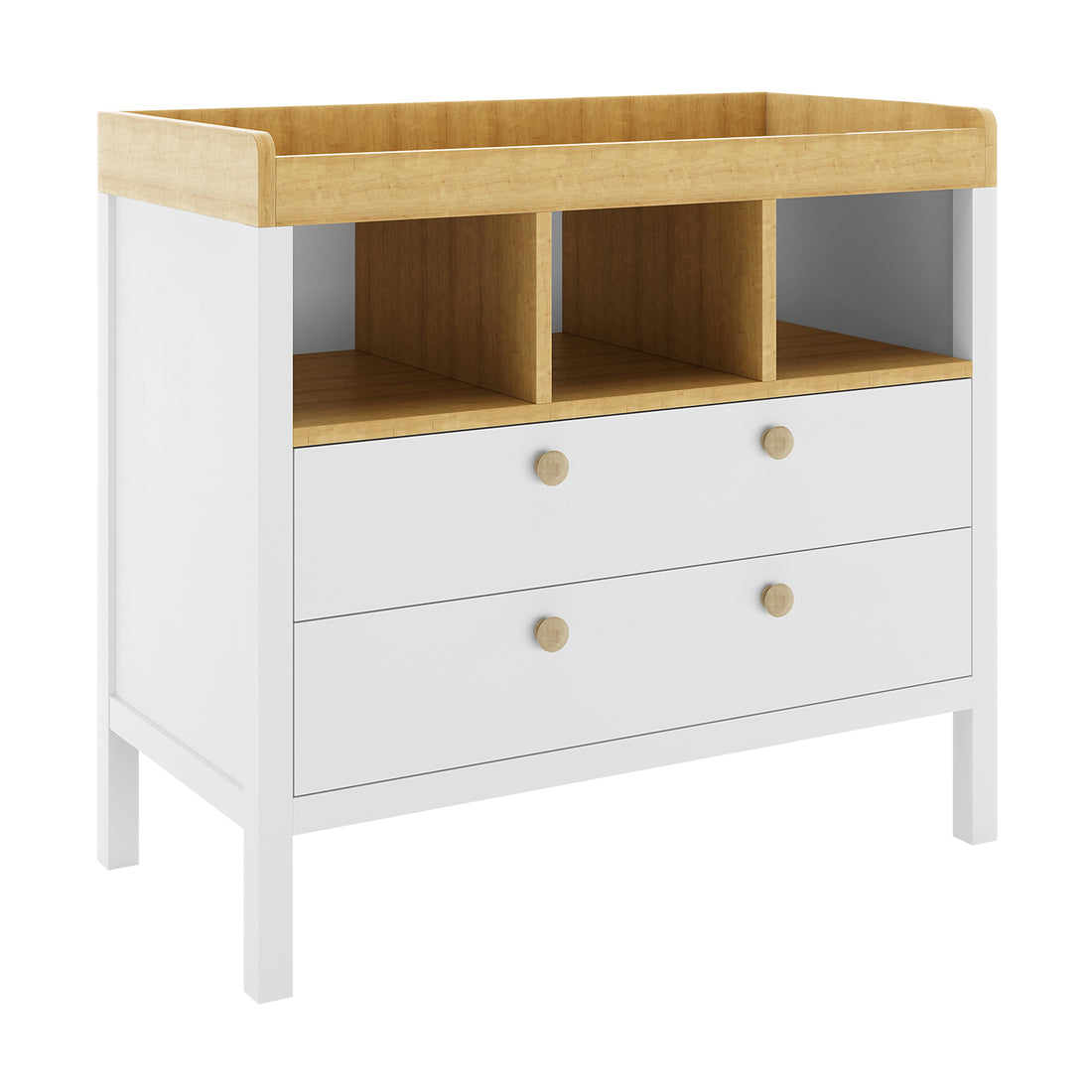 Rosella Solid Pine Baby Change Table with Drawers in White features a raised-edge top for changing, three open cubbies, and two large drawers, blending modern style with practical storage.