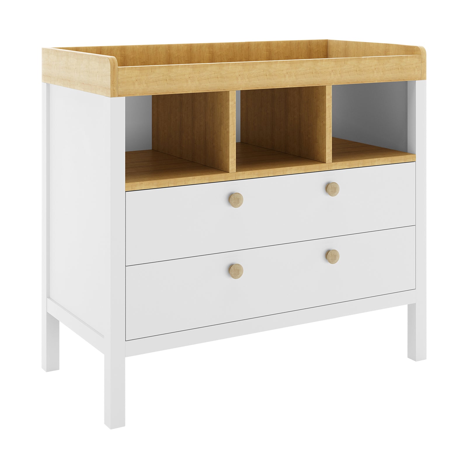 Rosella Solid Pine Baby Change Table with Drawers in White features a raised-edge top for changing, three open cubbies, and two large drawers, blending modern style with practical storage.