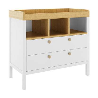 Rosella Solid Pine Baby Change Table with Drawers in White features a raised-edge top for changing, three open cubbies, and two large drawers, blending modern style with practical storage.
