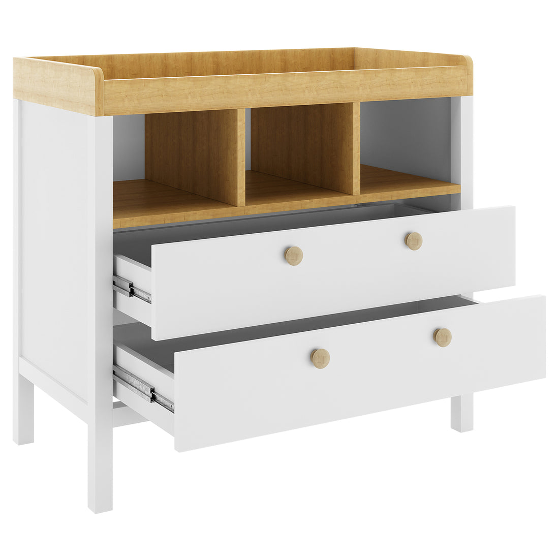 Rosella Solid Pine Baby Change Table with Drawers in White, featuring two large drawers, three open cubbies, and a raised wood perimeter on top, ideal for nursery organization and ease.
