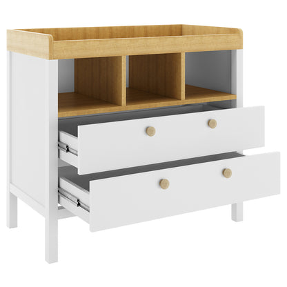 Rosella Solid Pine Baby Change Table with Drawers in White, featuring two large drawers, three open cubbies, and a raised wood perimeter on top, ideal for nursery organization and ease.