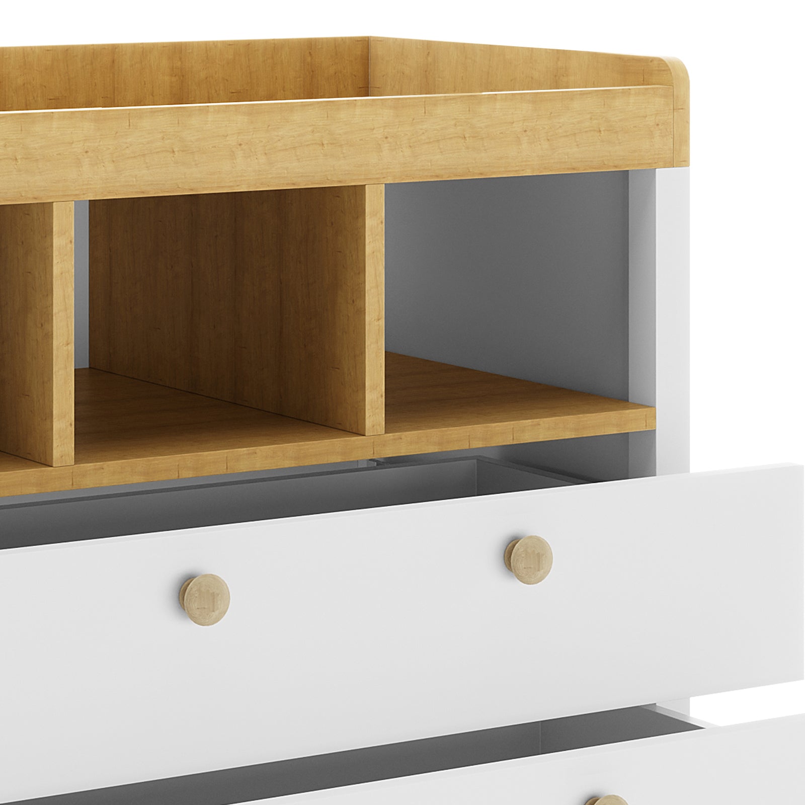 Rosella Solid Pine Baby Change Table with Drawers in White featuring a wide tray top, two open cubbies, and a partially open full-width drawer with round wooden knobs.