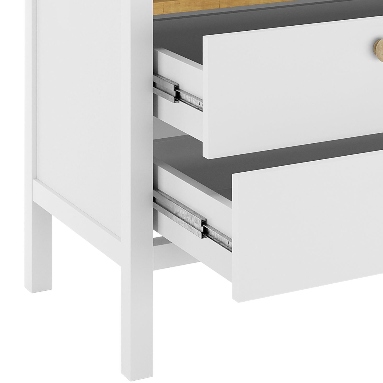 Rosella Solid Pine Baby Change Table with Drawers in White, showcasing partially opened drawers with visible metal slides, highlighting its practical storage and modern style for nursery organization.