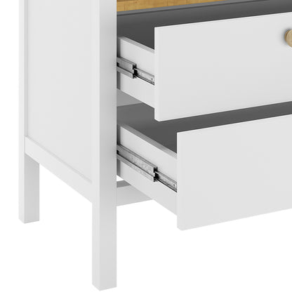 Rosella Solid Pine Baby Change Table with Drawers in White, showcasing partially opened drawers with visible metal slides, highlighting its practical storage and modern style for nursery organization.