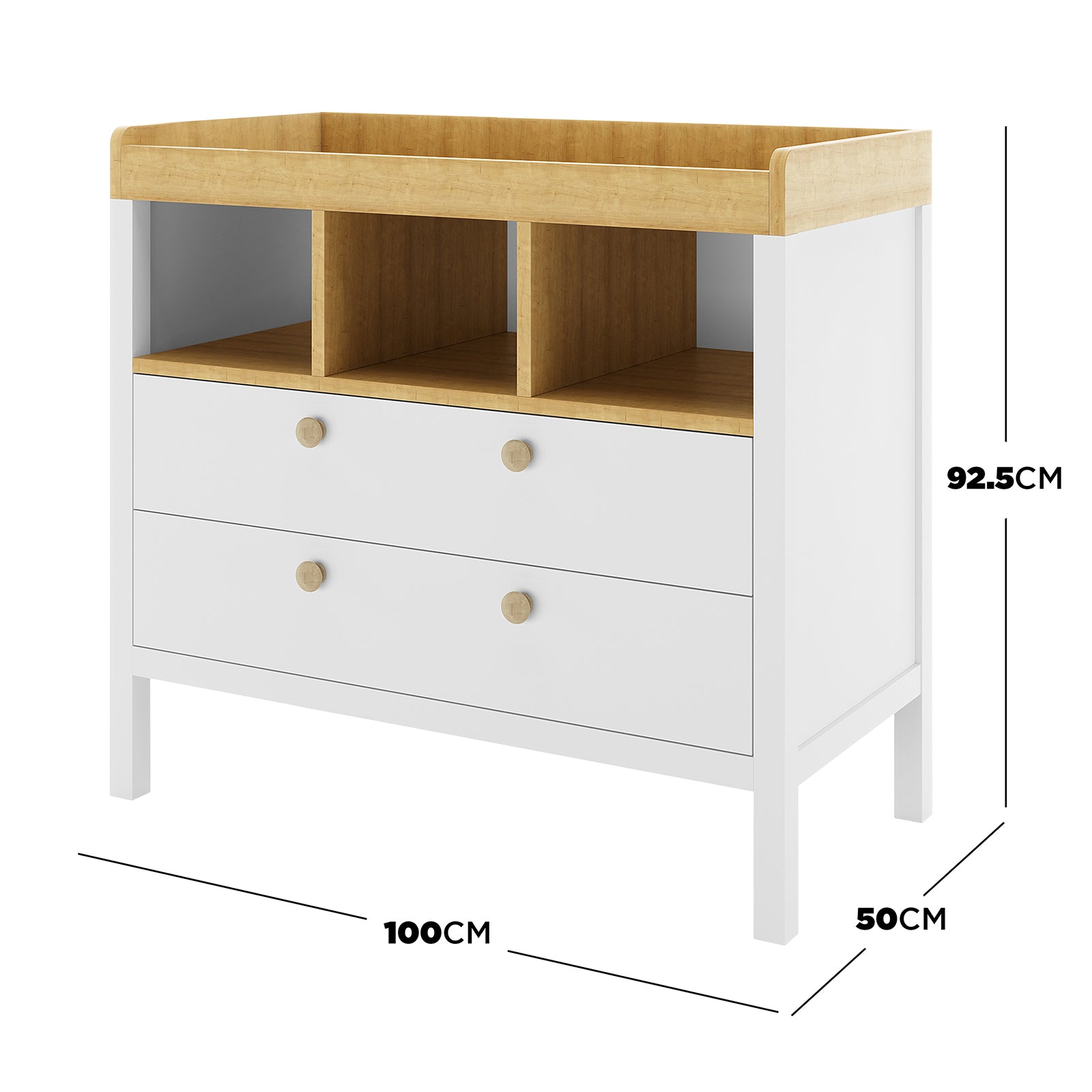 Rosella Solid Pine Baby Change Table with Drawers in White features a two-tone design, guard-railed top, three open shelves, two drawers with knobs, and four legs, offering functional nursery storage.