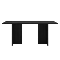 Rowley 180cm Dining Table Black with a sleek, rectangular black-stained wood top and two vertical panel supports, set against a plain white background, showcasing its minimalist modern design.
