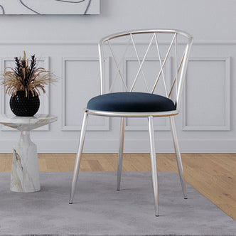 Ruby Wire Dining Chair Denim Blue 1pc features a sleek wireframe with a plush velvet seat, highlighted by a decorative diamond-patterned backrest, offering a modern touch to any dining or vanity space.
