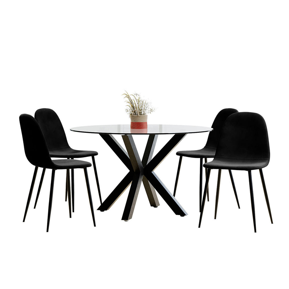 Rylee 120cm Black Round Table w/ 4 Halsa Chairs Dining Set features a round glass table with X-shaped supports and four high-backed upholstered velvet chairs, creating a stylish and modern dining setup.