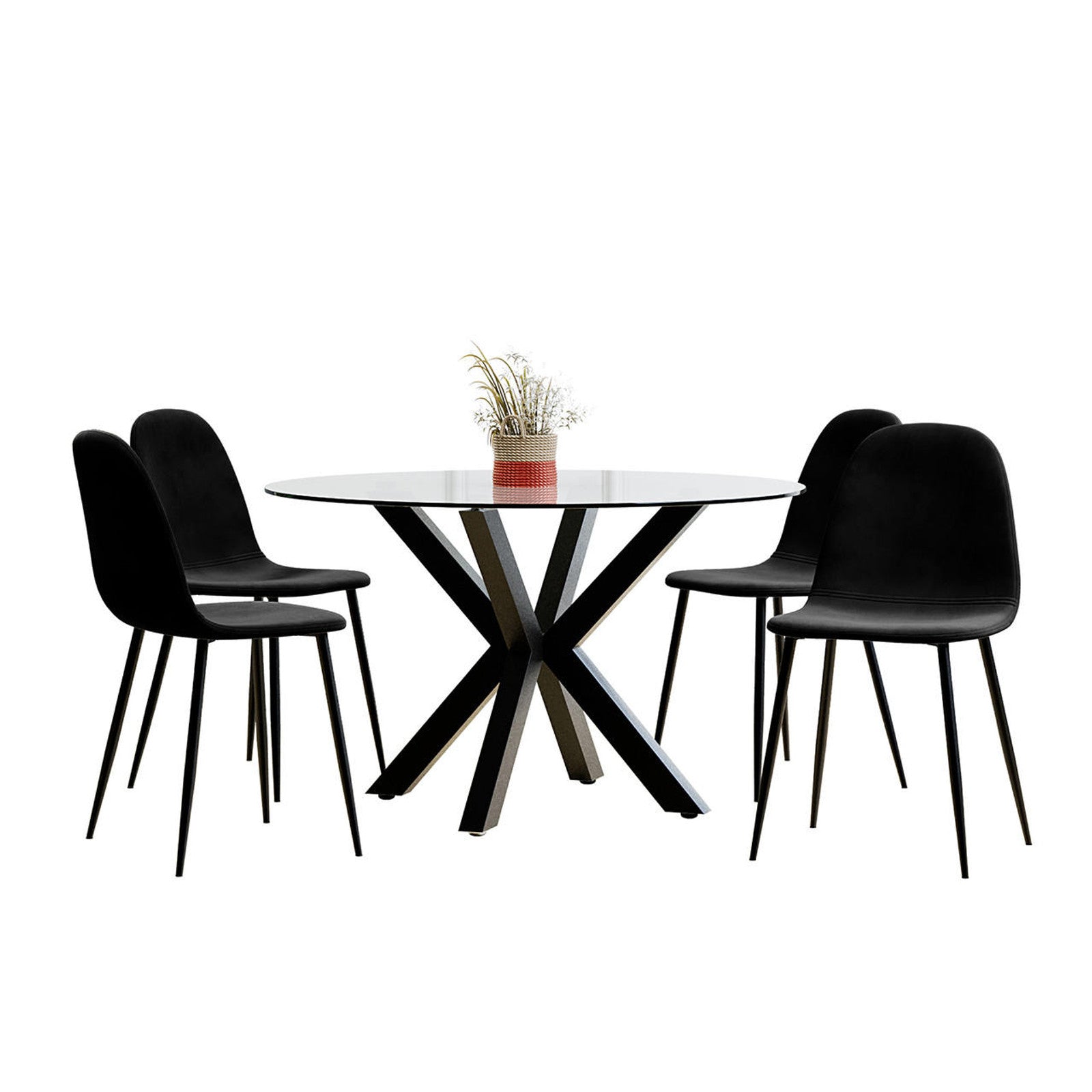 Rylee 120cm Black Round Table w/ 4 Halsa Chairs Dining Set features a round glass table with X-shaped supports and four high-backed upholstered velvet chairs, creating a stylish and modern dining setup.