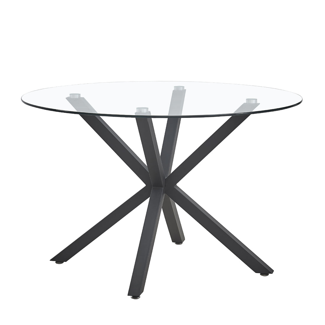 Rylee 120cm Black Round Table w/ 4 Halsa Chairs Dining Set features a sleek glass tabletop on X-shaped metal legs, paired with four cushioned velvet chairs offering a contemporary dining experience.