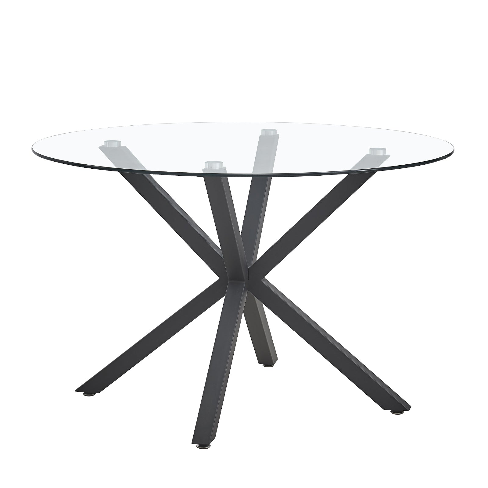 Rylee 120cm Black Round Table w/ 4 Halsa Chairs Dining Set features a sleek glass tabletop on X-shaped metal legs, paired with four cushioned velvet chairs offering a contemporary dining experience.