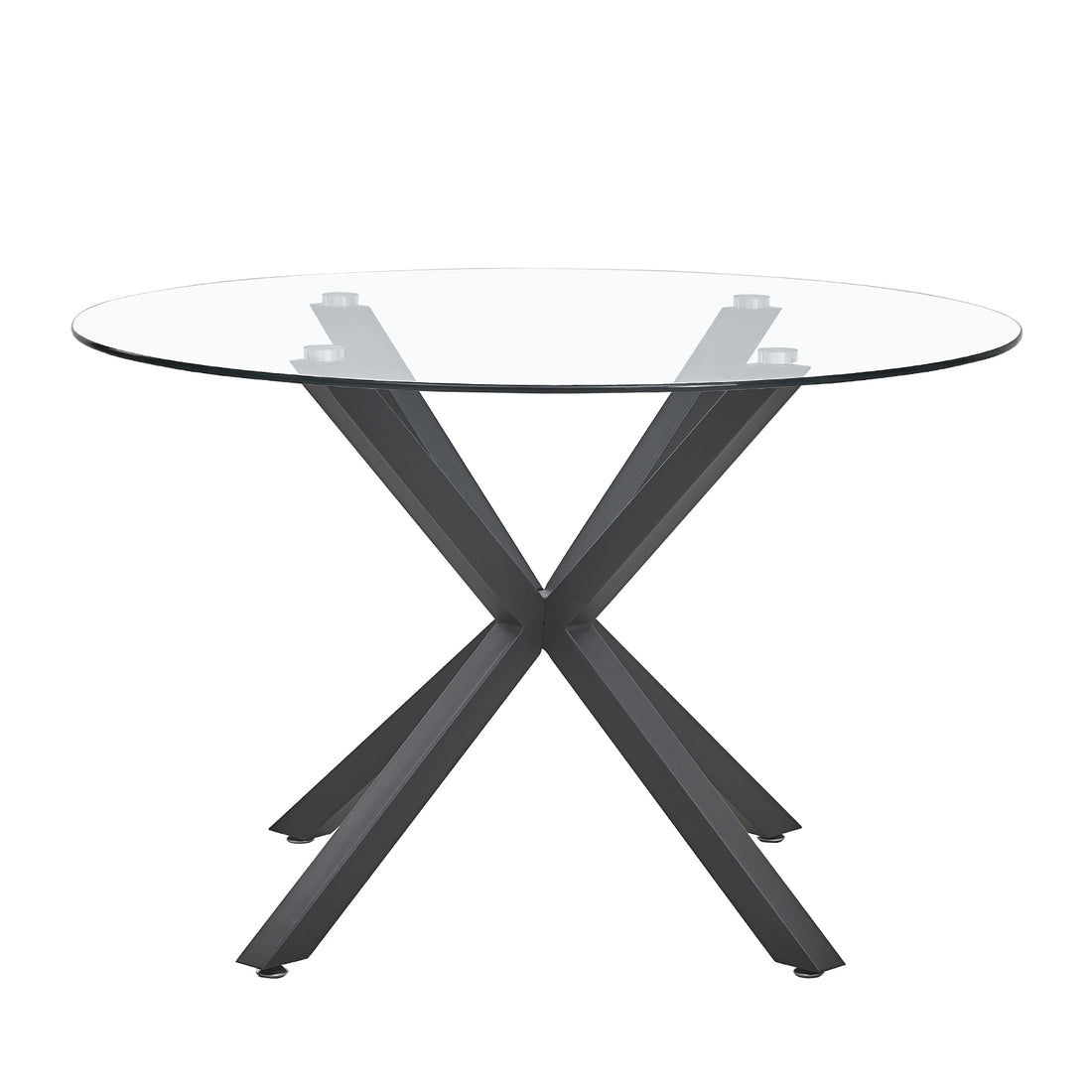 Rylee 120cm Black Round Table w/ 4 Halsa Chairs Dining Set features a glass top with intersecting X-shaped metal legs, paired with high-backed velvet chairs, creating a sleek, modern dining arrangement.