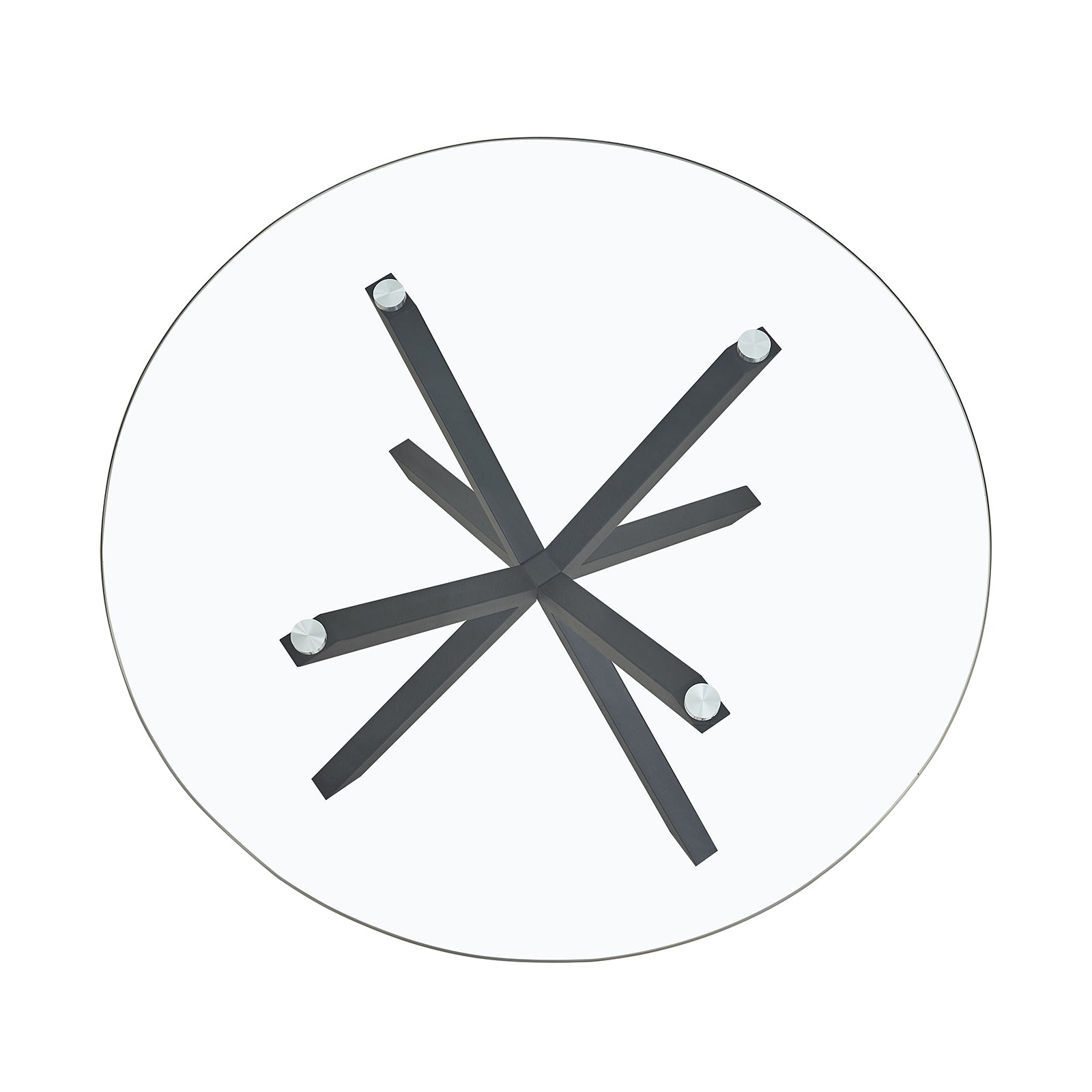 Rylee 120cm Black Round Table w/ 4 Halsa Chairs Dining Set features a round glass table with intersecting X-shaped metal legs, accompanied by four high-backed, cushioned velvet chairs.