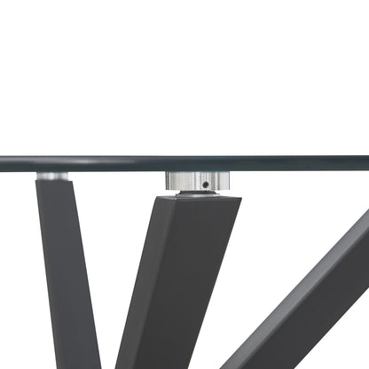 The Rylee 120cm Black Round Table w/ 4 Halsa Chairs Dining Set showcasing a sleek round glass tabletop with intersecting X-frame supports, complemented by four high-backed velvet fabric chairs.