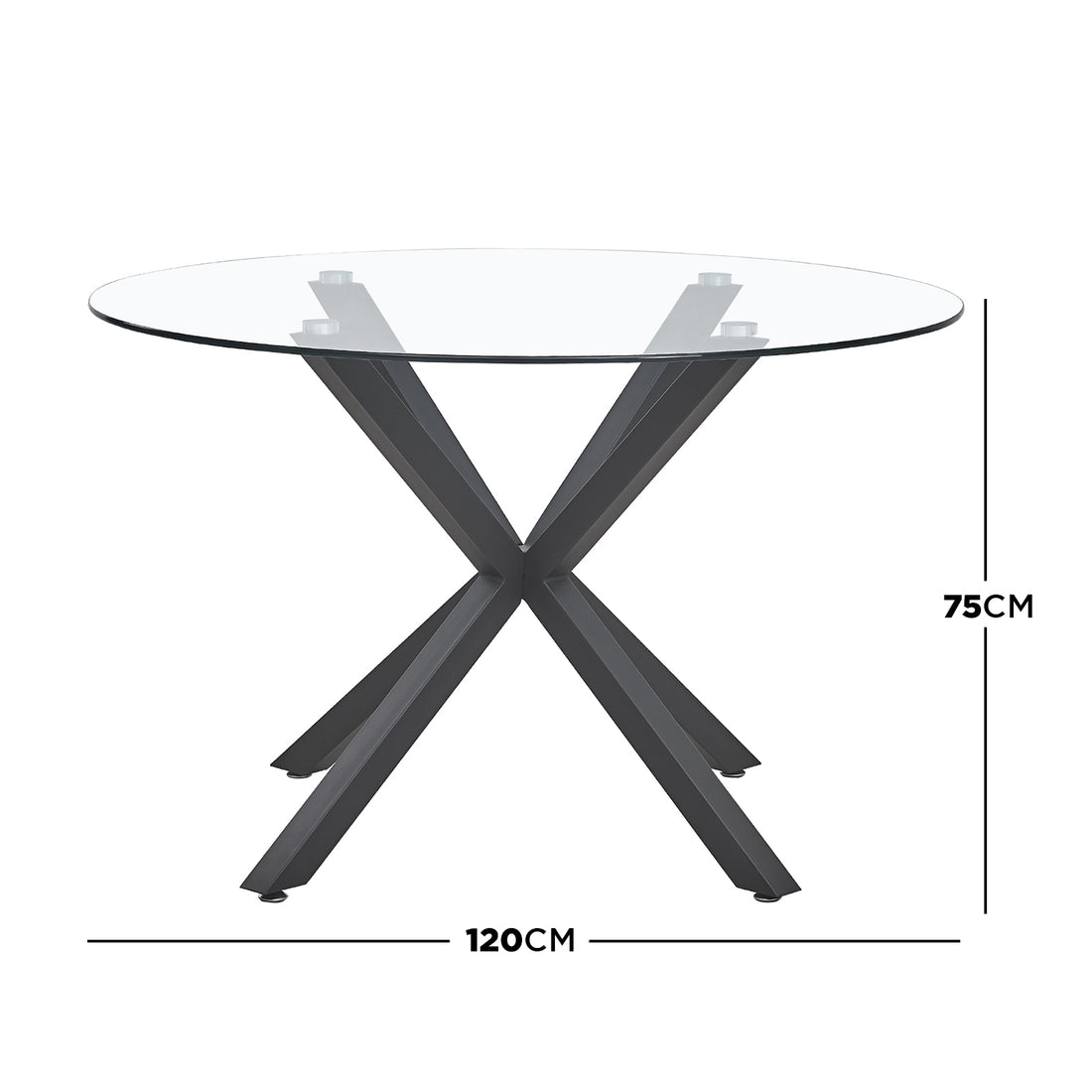 Rylee 120cm Black Round Table w/ 4 Halsa Chairs Dining Set featuring a glass-topped table with X-shaped metal supports and four high-backed velvet chairs, perfect for stylish dining.