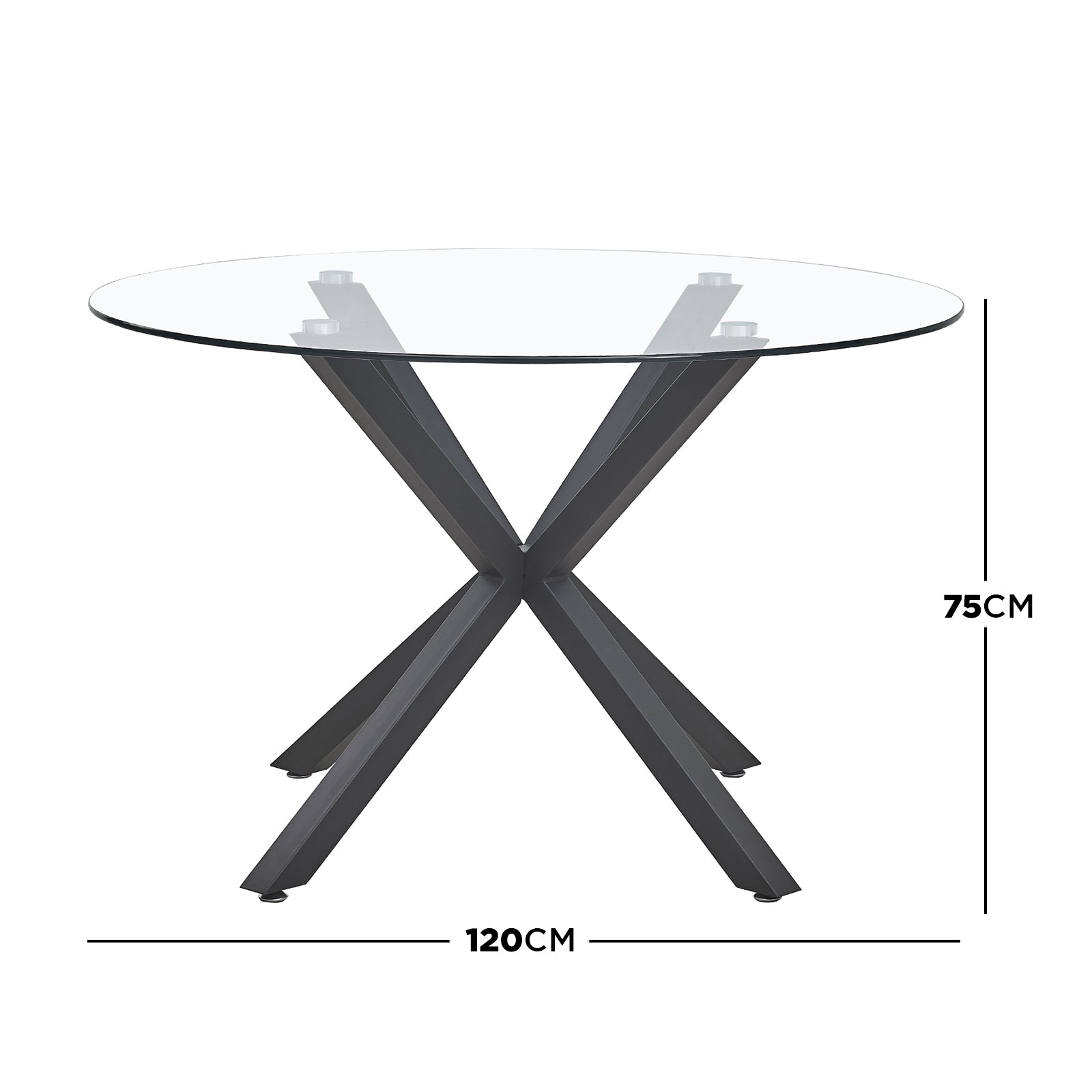 Rylee 120cm Black Round Table w/ 4 Halsa Chairs Dining Set featuring a glass-topped table with X-shaped metal supports and four high-backed velvet chairs, perfect for stylish dining.