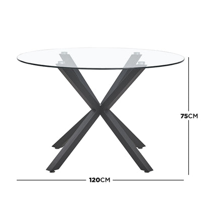 Rylee 120cm Black Round Table w/ 4 Halsa Chairs Dining Set featuring a glass-topped table with X-shaped metal supports and four high-backed velvet chairs, perfect for stylish dining.