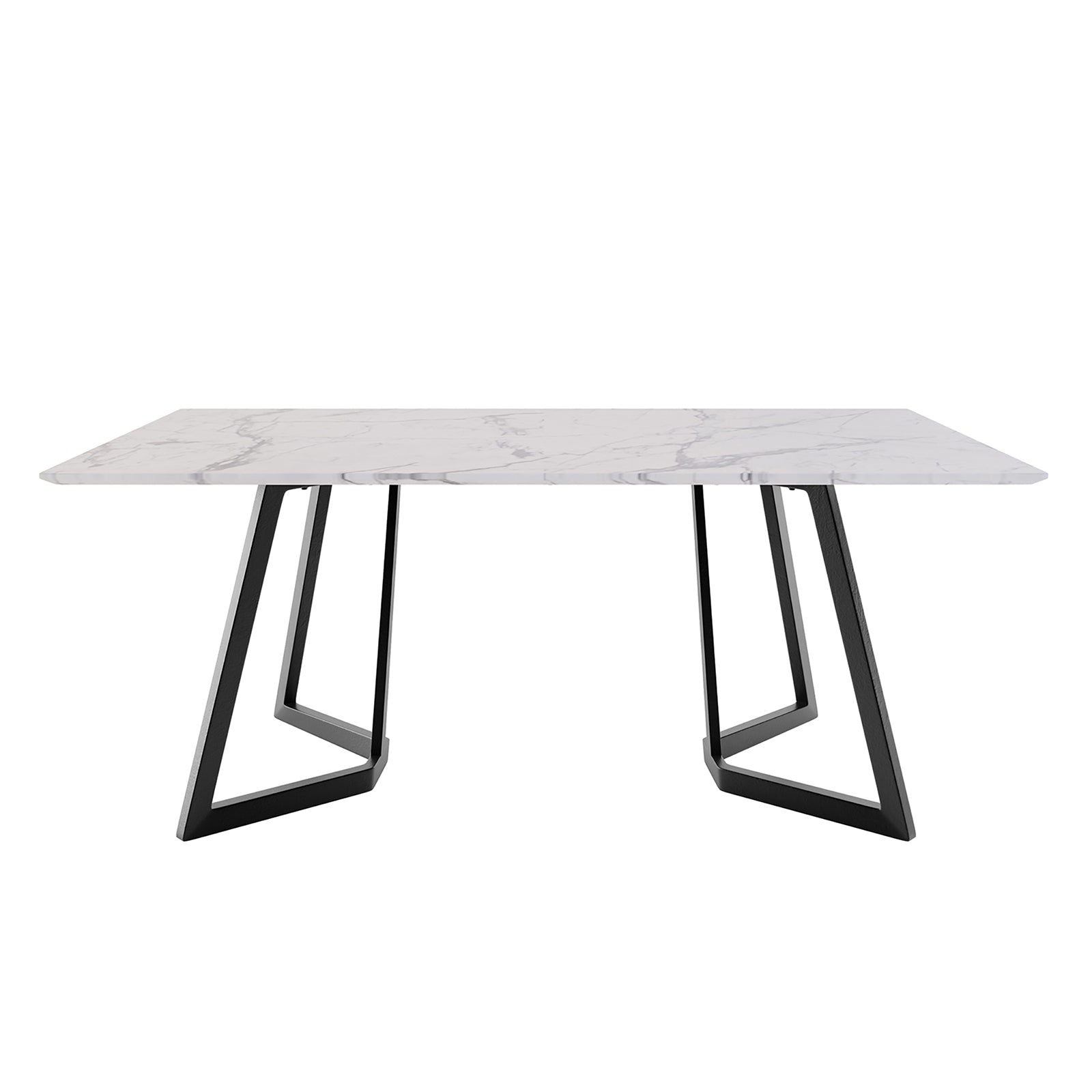 Salen 180cm White Marble Dining Table with a marble-effect top and sleek black geo-designed legs, ideal for seating 6-8 people, embodying Scandinavian elegance and durability.