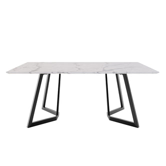 Salen 180cm White Marble Dining Table with a marble-effect top and sleek black geo-designed legs, ideal for seating 6-8 people, embodying Scandinavian elegance and durability.